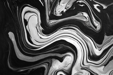 Black and white fluid art, swirling paint textures. Abstract background with smooth shapes and movement
