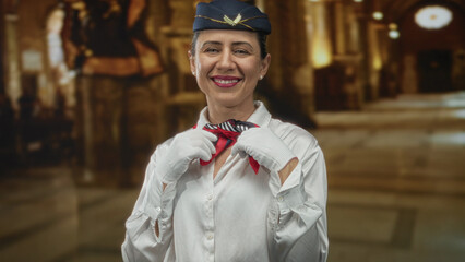 Middle aged woman ties scarf with gloved hands in church building as sunlight filters through arches; serenity.