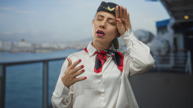 Woman fans air across face on cruise ship deck during midday heat while shading her eyes; overheating.