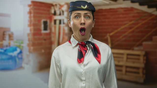 Middle aged woman flight attendant wearing navy hat and red scarf with mouth open inside brick building interior; surprise.