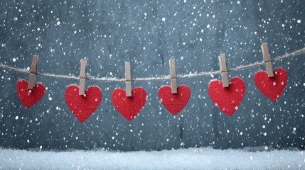 Red Heart Shapes Hanging on a String with Clothespins Against a Snowy Blue Background