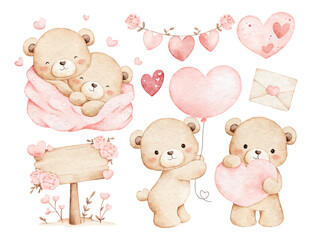 Watercolor Illustration Set of Teddy Bears and Valentine Elements