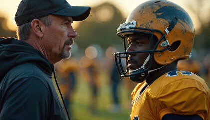 Coach talks to American football player on field. Man in helmet and uniform listens intently as trainer speaks. Team mates blur in background.