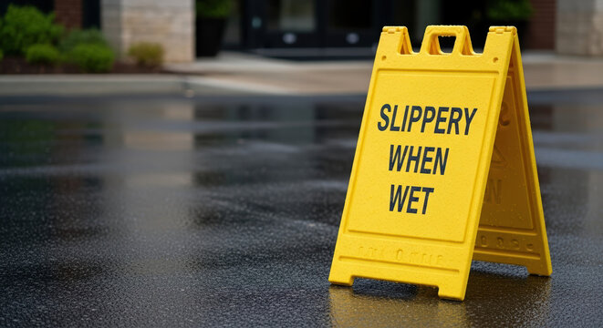 Slippery when wet warning sign indicates hazard on asphalt pavement, caution necessary. Slippery when wet condition is visible, promoting hazard awareness and security.