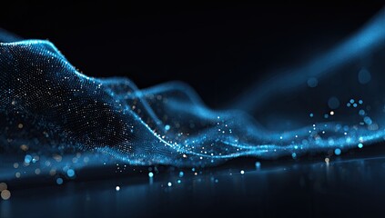 Blue, abstract, wave-like particles with bokeh effect on black background