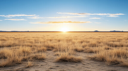 Golden grassland sunrise horizon blue sky dry grass plain sunrise light cloud streak sun glow