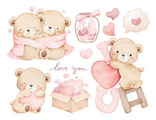 Watercolor Illustration Set of Teddy Bears and Valentine Elements