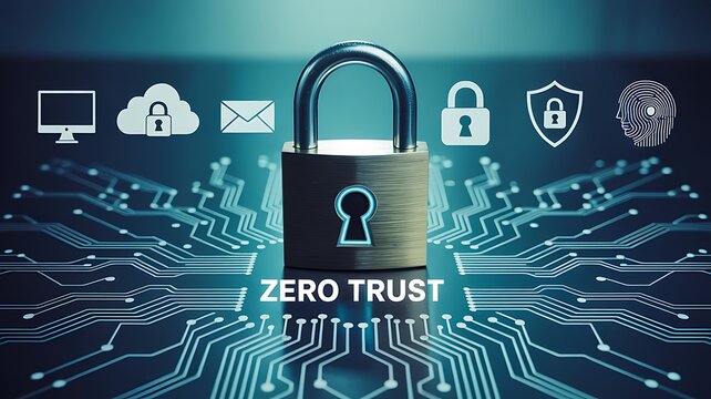 Zero trust cybersecurity concept with padlock and digital protection icons
