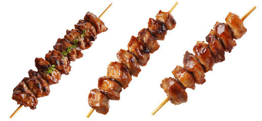 Grilled chicken yakitori skewer with teriyaki glaze or Isaw Filipino street food isolated on white transparent background