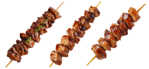 Grilled chicken yakitori skewer with teriyaki glaze or Isaw Filipino street food isolated on white transparent background