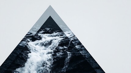 A minimalist design featuring triangular shapes overlaying turbulent ocean waves, creating a striking contrast between geometric forms and nature.