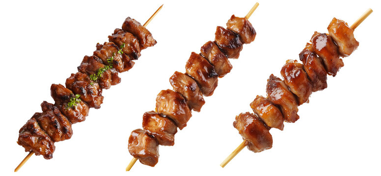Grilled chicken yakitori skewer with teriyaki glaze or Isaw Filipino street food isolated on white transparent background