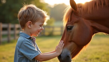 Young boy with blond hair touches horse nose. Child smiles, horse has brown coat. Sunny rural field, grassy meadow background. Gentle interaction