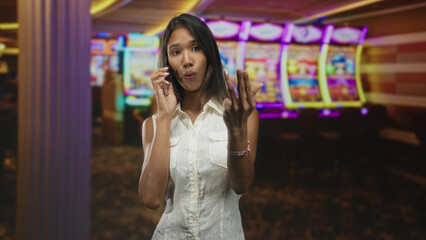 Young thai woman holding smartphone raises open hand to stop near colorful slot machines in building; joyful greeting.