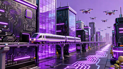 Purple Light Cyberpunk Future City 3D Scene