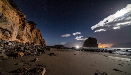 Moonlit beach with craggy rock cliffs