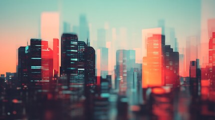A vibrant city skyline at dusk, featuring abstract skyscrapers with a blend of red and blue hues, creating a dreamy and surreal atmosphere.
