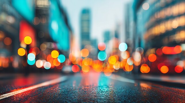 A vibrant urban scene with blurred lights and reflections on a wet street, creating a dynamic city atmosphere.