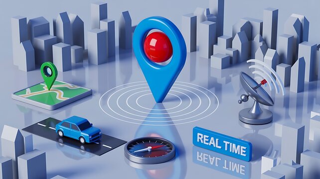 3D GPS location tracking system with navigation icons and real time monitoring