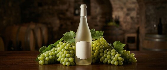 Horizontal image of an unlabeled white wine bottle surrounded by green grapes on a rustic wooden table, dramatically lit inside a traditional stone wine cellar with oak barrels visible.