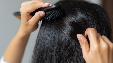 Fototapeta premium Brushing long, straight black hair in a bright indoor setting near a window