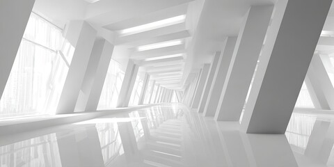 Obraz premium Modern architectural interior perspective with bright, white, minimalist design featuring pillars and windows