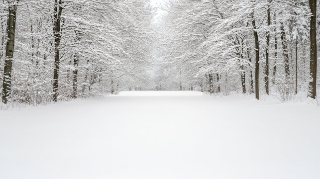 Snow covered path lined with bare trees creating serene winter silence