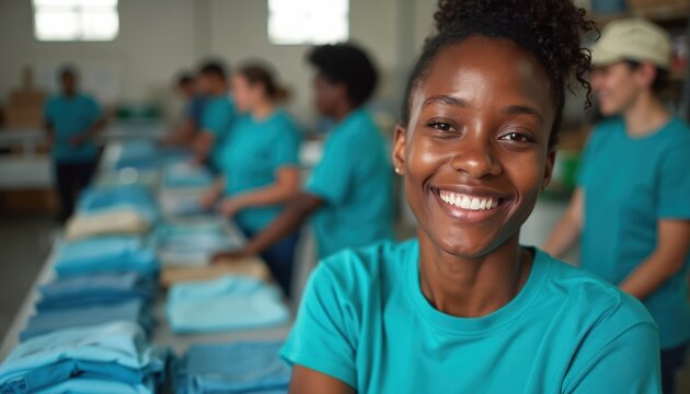 Young African American woman smiles, volunteers sort clothes at charity event. Teamwork and community spirit, people help others with kindness and joy. - Powered by Adobe