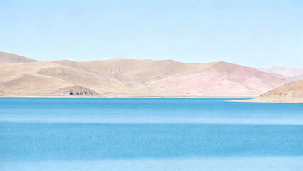 Blue Lake & Yellowish-Brown Mountain Natural Landscape Photography