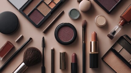 Colorful arrangement of professional makeup products including lipsticks, eyeshadows, brushes, and powders for beauty enthusiasts displayed on a soft background