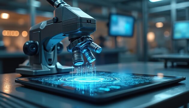 Illustration of a futuristic microscope with a holographic interface in a lab. Advanced tech medical equipment on a tablet. Modern science exploration concept.