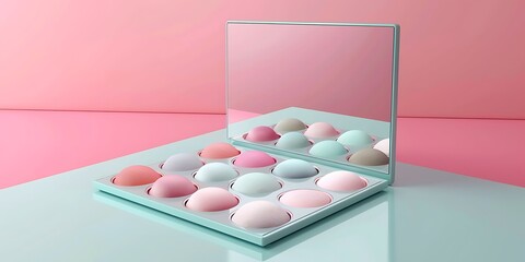 Pastel makeup palette with mirror reflecting soft colorful cosmetic shades