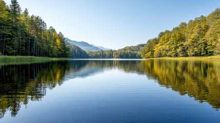 Obraz premium Calm lake reflecting autumn trees and distant mountains at sunrise