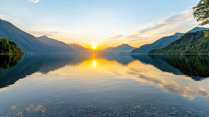 Calm lake reflecting morning hues empty smooth center sunrise over mountain lake reflecting