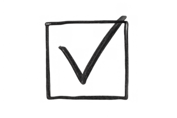 Hand drawn check mark symbol inside a box, representing approval, completion, and choosing, on transparent background