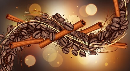 Aromatic coffee beans and cinnamon sticks on a blurred warmly lit background capturing cozy ambiance