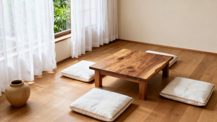 Wabi-Sabi Style Wooden Low Table Sunlit Interior Scene