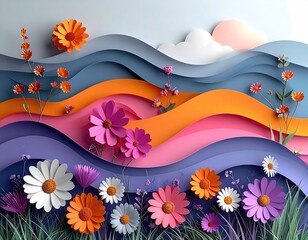 Paper-cut floral landscape artwork