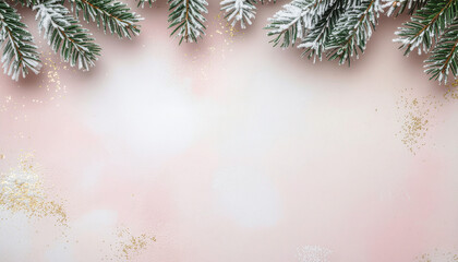 Green christmas tree frame branches decoration with new year snowflakes and winter snow border