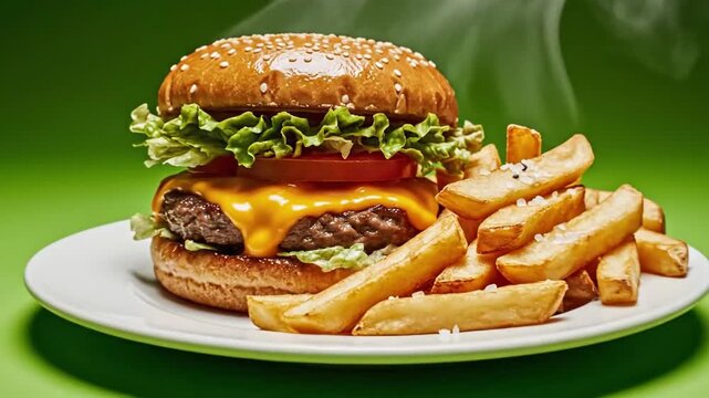 A delectable, steaming cheeseburger alongside golden, perfectly seasoned french fries, presented elegantly on a vibrant green backdrop, promises a