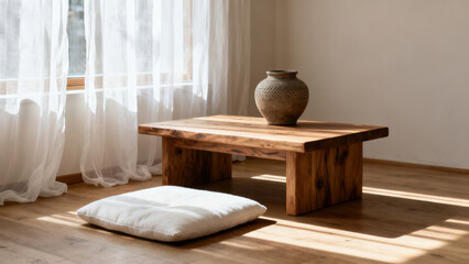 Wabi-Sabi Style Wooden Low Table Sunlit Interior Scene