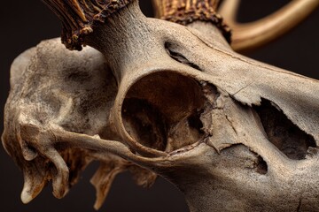Naklejka premium Closeup view of a deer skull showcasing intricate details and textures against a dark background