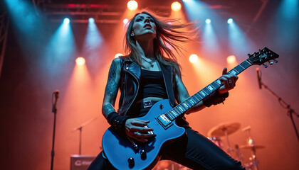 Woman plays electric guitar on stage. Energetic female musician performs heavy rock music for crowd. Loud concert lights illuminate guitarist singing with passion.