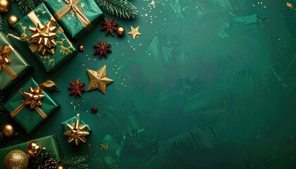 Festive holiday gifts on green surface