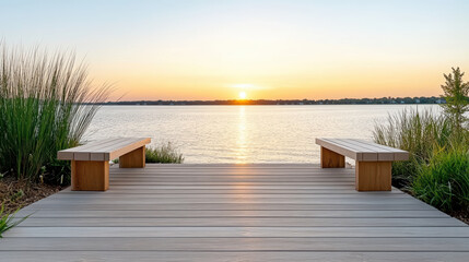 Sunset waterfront bench deck calm horizon sunrise glow