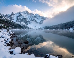 Snowy peaks reflect in a calm lake