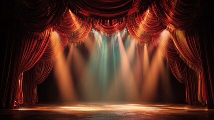Broadway theater curtain and stage illuminate with vibrant lights, preparing for an enchanting live performance experience