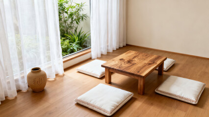 Wabi-Sabi Style Wooden Low Table Sunlit Interior Scene