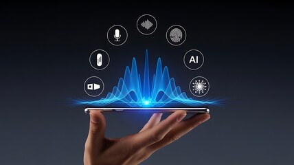 Smartphone showcasing futuristic digital ai technology interface with virtual icons