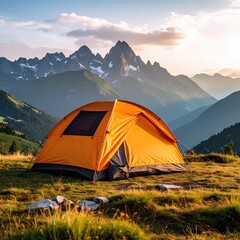Tent sits on grass, mountains in back